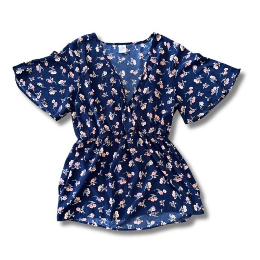 Cozy Rozy Medium Navy Blue Women's Deep V Peplum Babydoll Blouse Floral